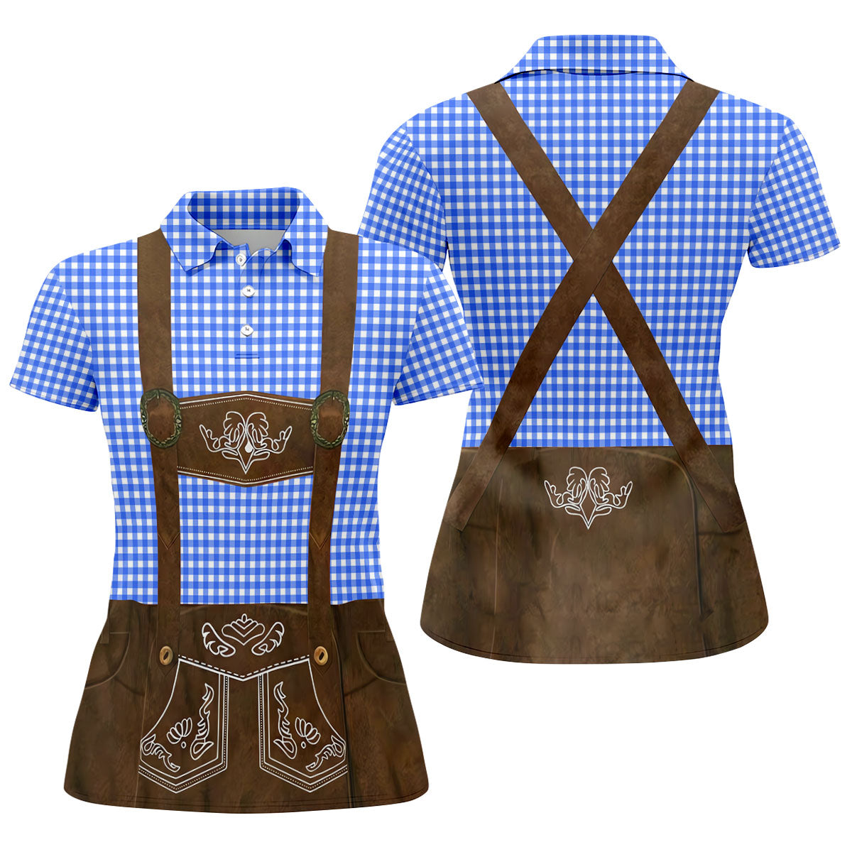 Women's Blue Oktoberfest Lederhosen Illusion Sleeveless Golf Polo, Women’s Golf Tops, Ladies Golf Shirts