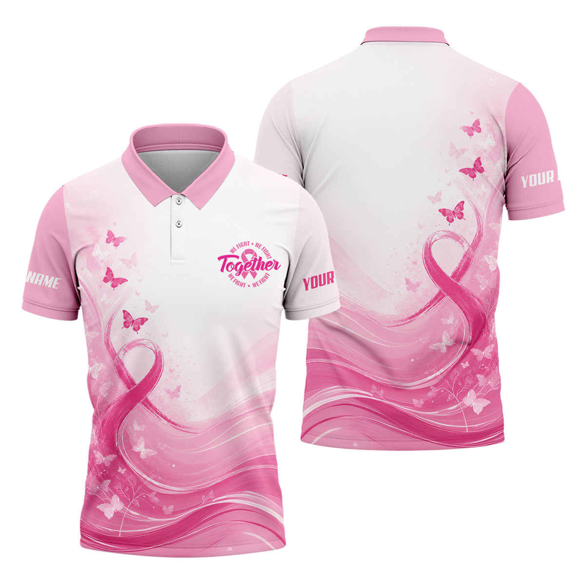 Custom Together We Fight Butterfly Breast Cancer Polo Shirt, Mens Golf Polo, Printed Golf Shirts
