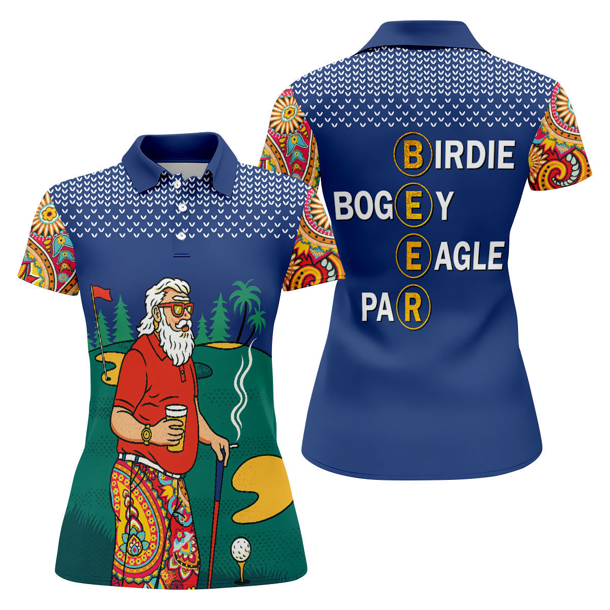 Funny Retro Golfer Drinking Beer Paisley Polo Shirt, Golf Shirts For Women, Women’s Golf Apparel