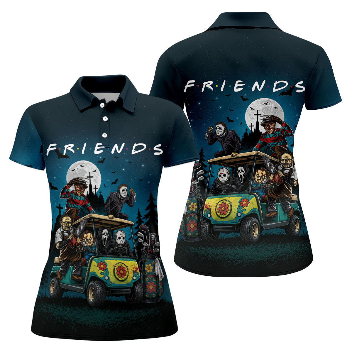 Horror Character Golf Cart Polo Shirt, Halloween Golf Shirt, Womens Halloween Golf Shirt