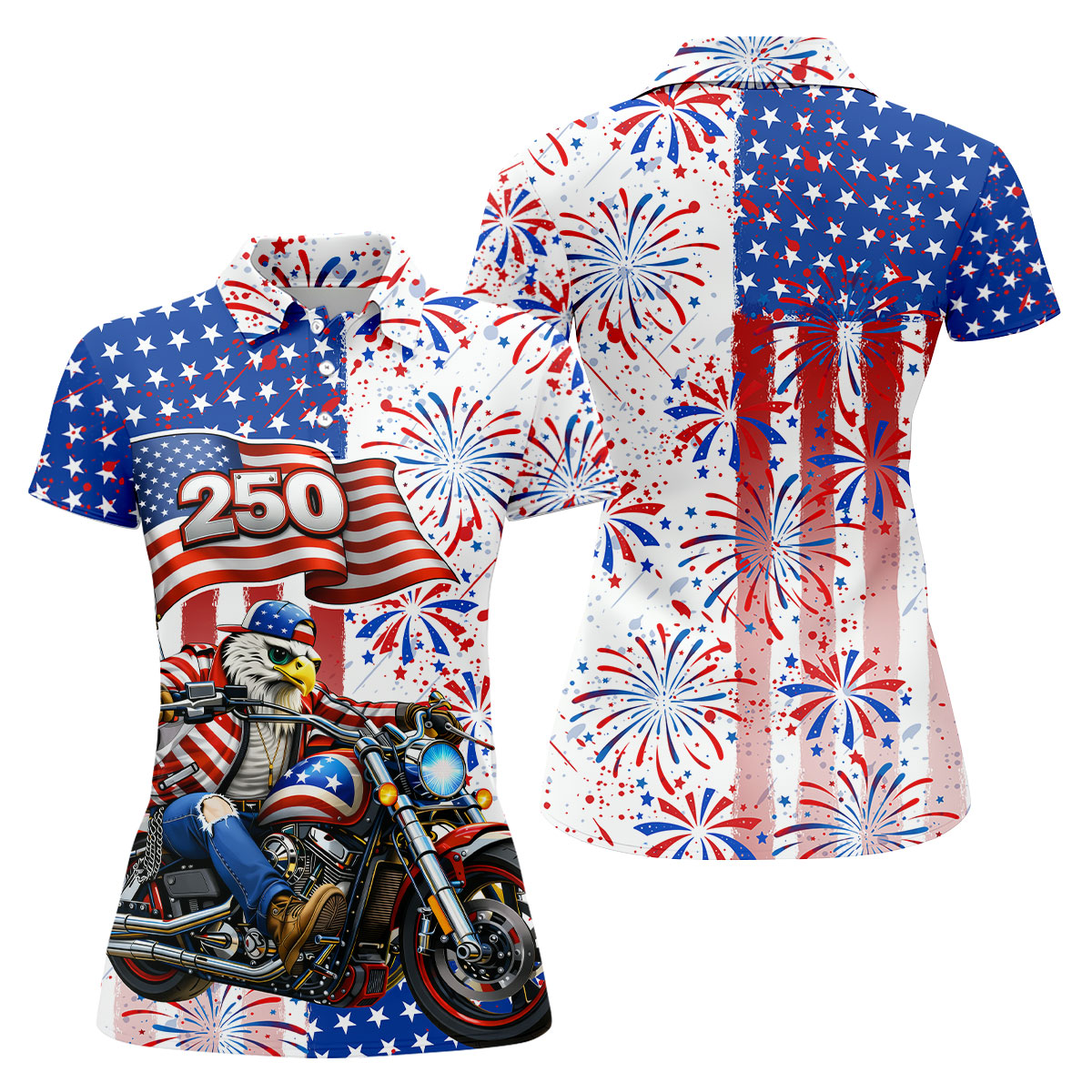 250 Years Eagle Motorcycle American Flag Golf Shirt, Patriotic 4th Of July Golf Shirt For Women