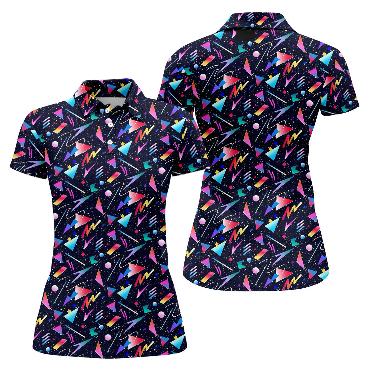 Retro Memphis Geometric Pattern Golf Polo Shirt, Women's Golf Tops, Golf Polo For Women