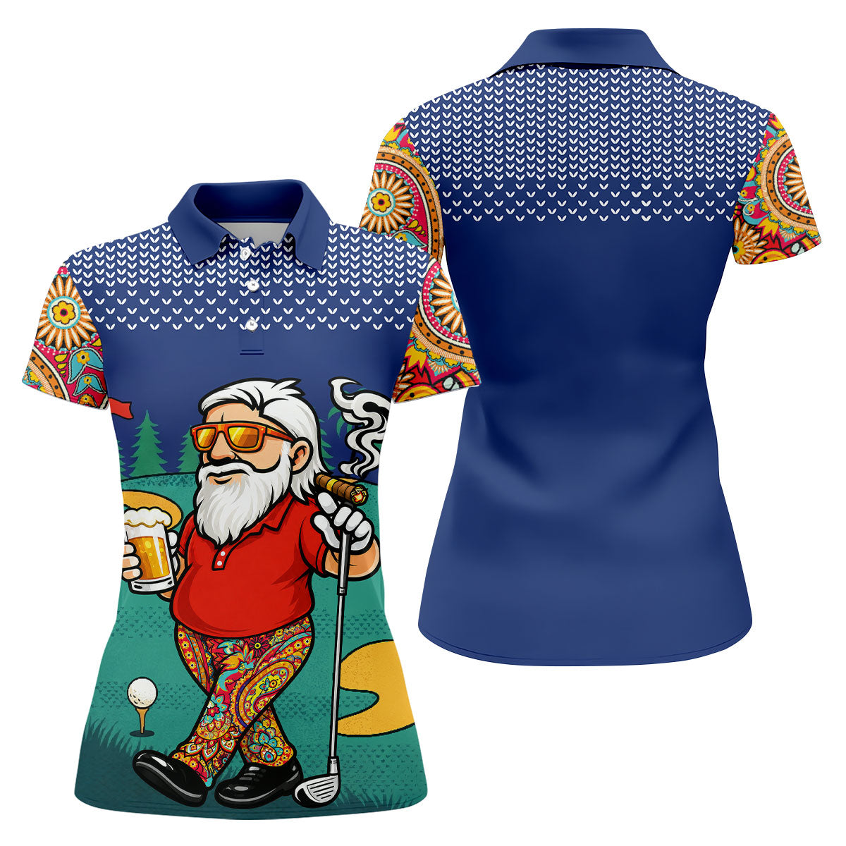 Women's Funny Golf Santa Beer And Cigar Polo Shirt, Christmas Golf Shirt, Women’s Golf Polo, Women’s Golf Apparel