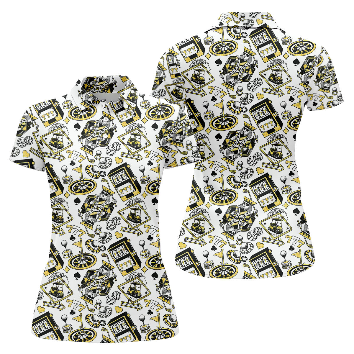 Casino Golf Pattern White Hawaiian Golf Polo Shirt, Women's Golf Tops, Golf Polo For Women