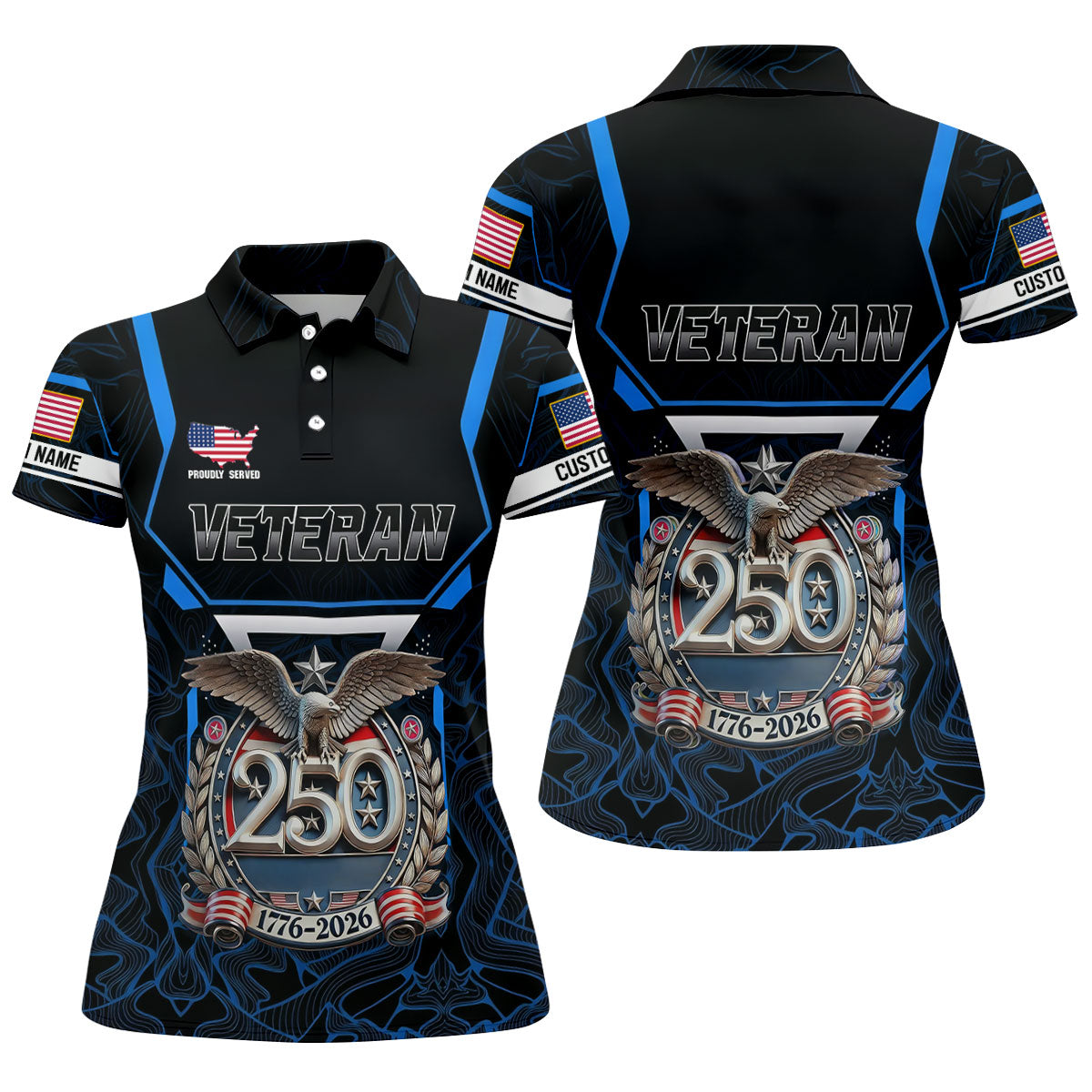 Personalized Veteran America 250 Polo Shirt Blue Accent, Golf Polo For Women, Ladies Golf Tops