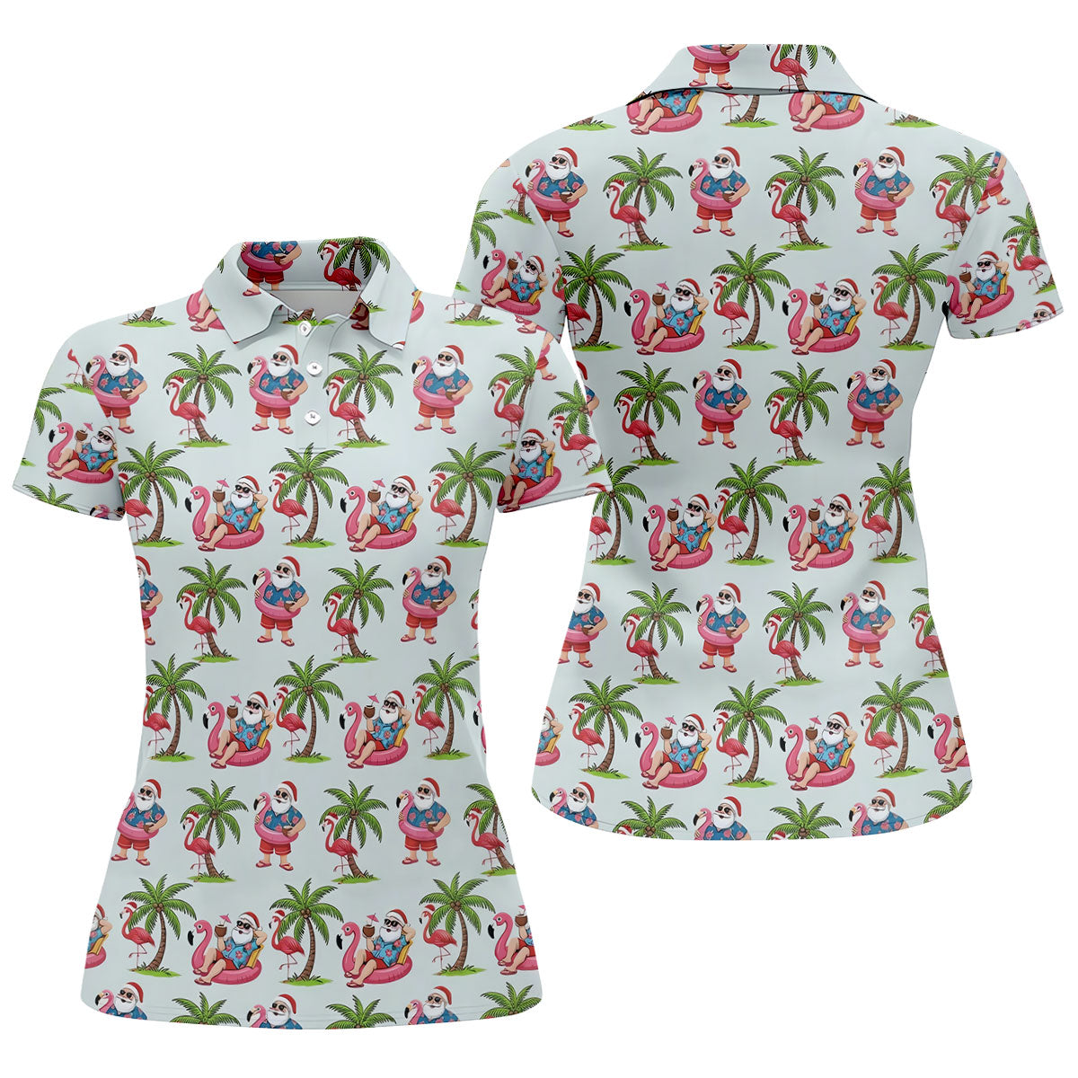 Tropical Santa Flamingo Beach Golf Polo, Ladies Golf Shirt, Performance Golf Shirt