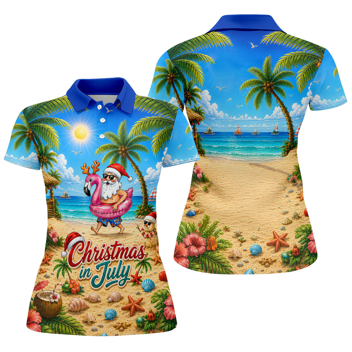 Santa Christmas In July Beach Golf Shirt, Christmas Golf Shirt, Women’s Golf Polo