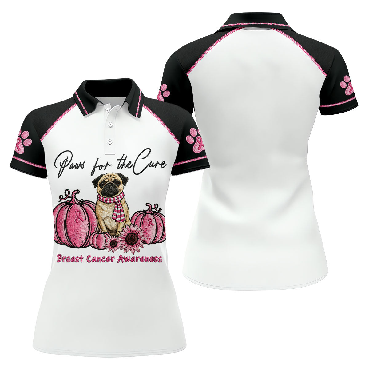 Paws For The Cure Pug Breast Cancer Polo Shirt, Ladies Golf Shirt, Women's Golf Tops