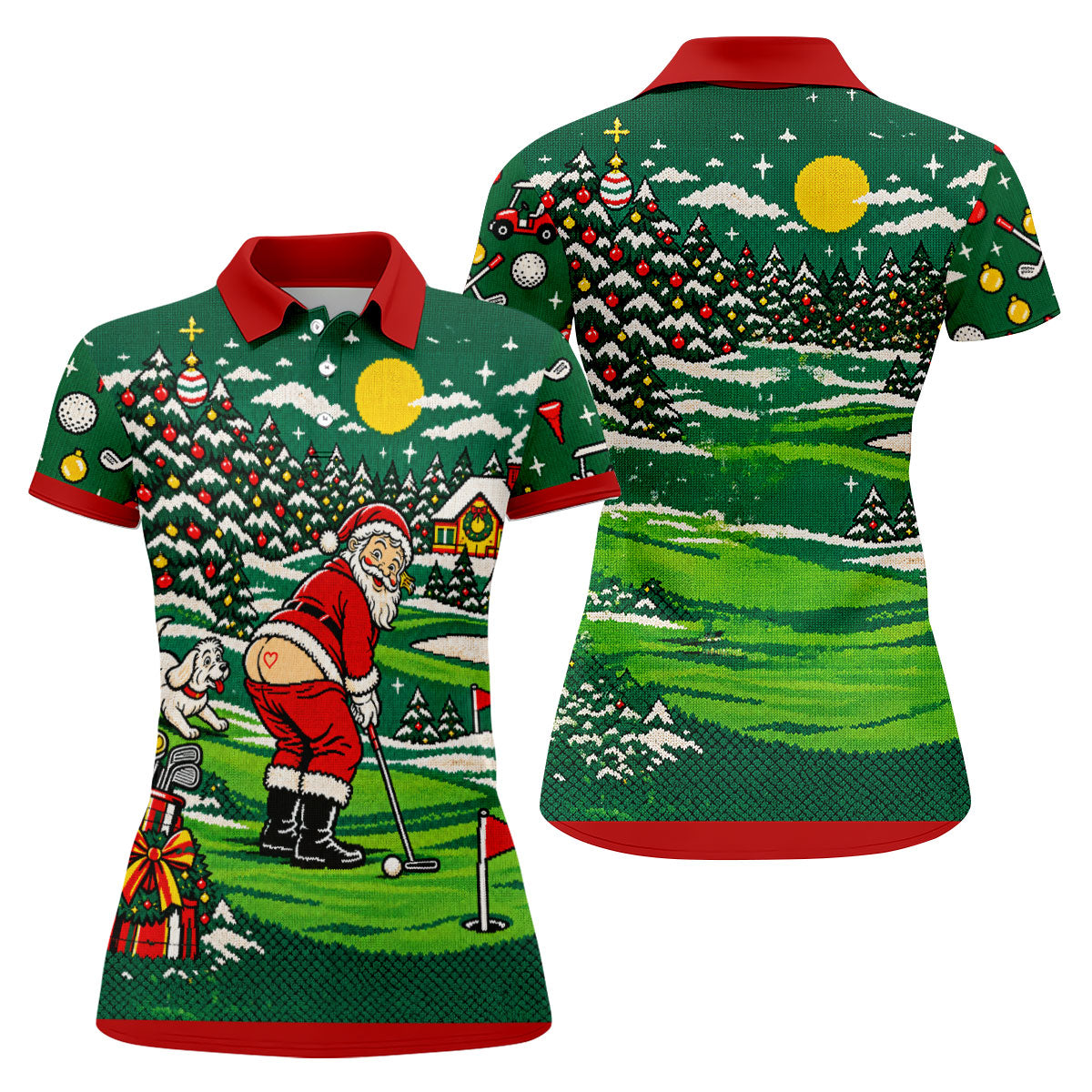 Funny Santa Mooning Dog Christmas Golf Shirt, Womens Golf Tops, Ladies Golf Shirts