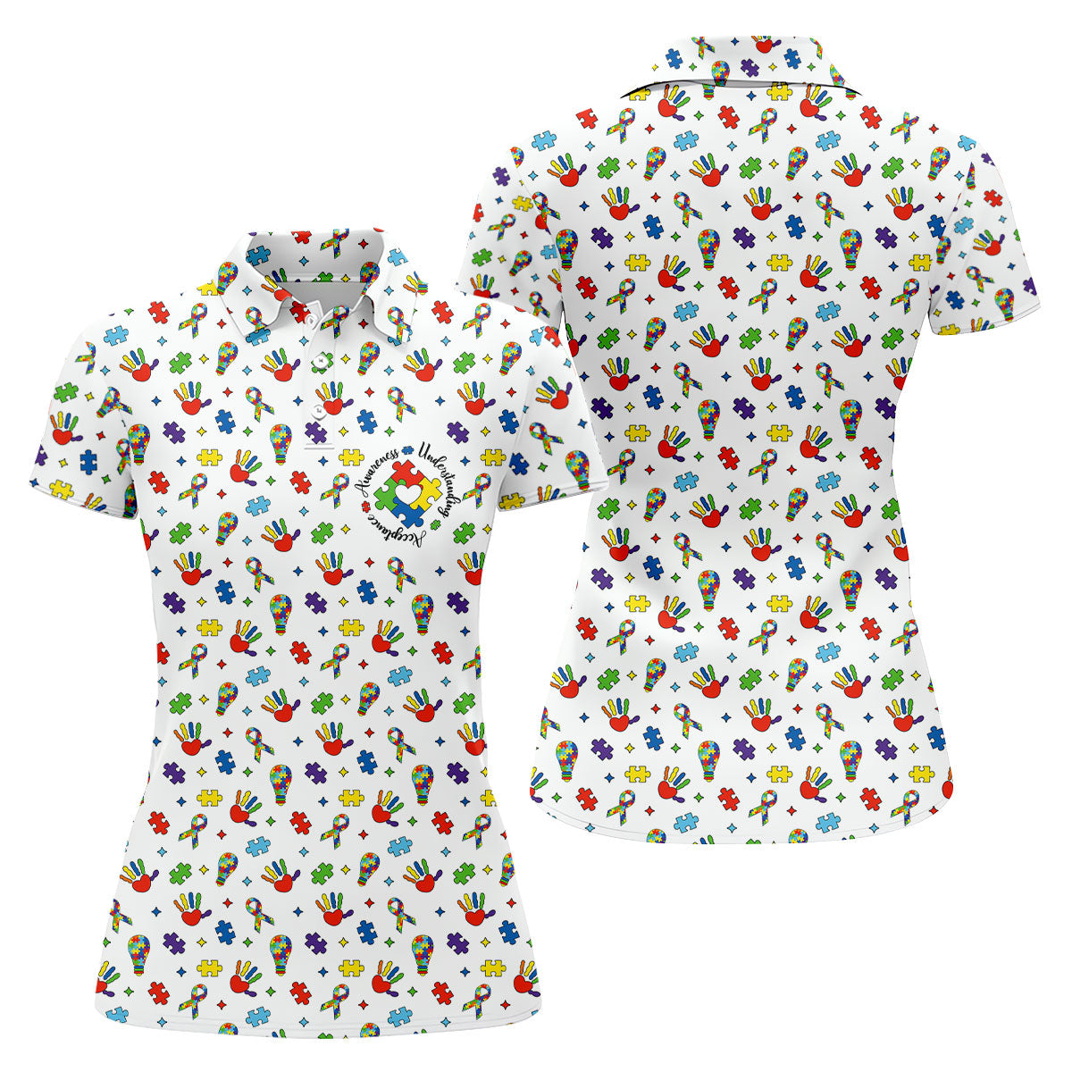 Awareness Understanding Acceptance Autism Ribbon White Golf Shirt, Autism Awareness Colors Women's Golf Tops