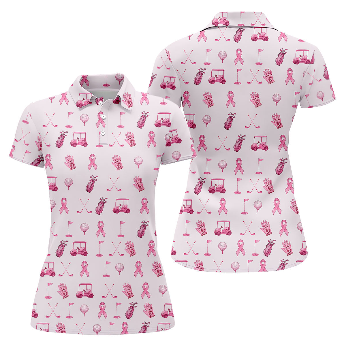 Funny Pink Ribbon Golf Pattern Women's Polo Shirt, Breast Cancer Golf Shirt, Breast Cancer Awareness Shirt