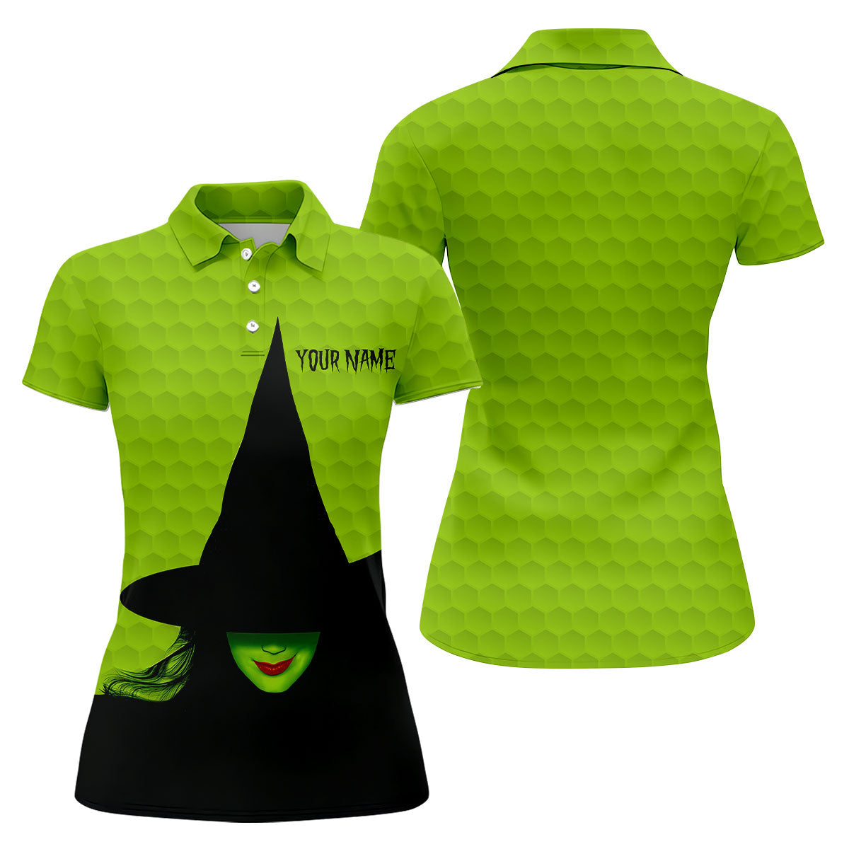 The Green Witch Golf Ball Pattern Fun Women's Golf Shirts, Spooky Vibe Ladies Golf Polos, Halloween Golf Shirt