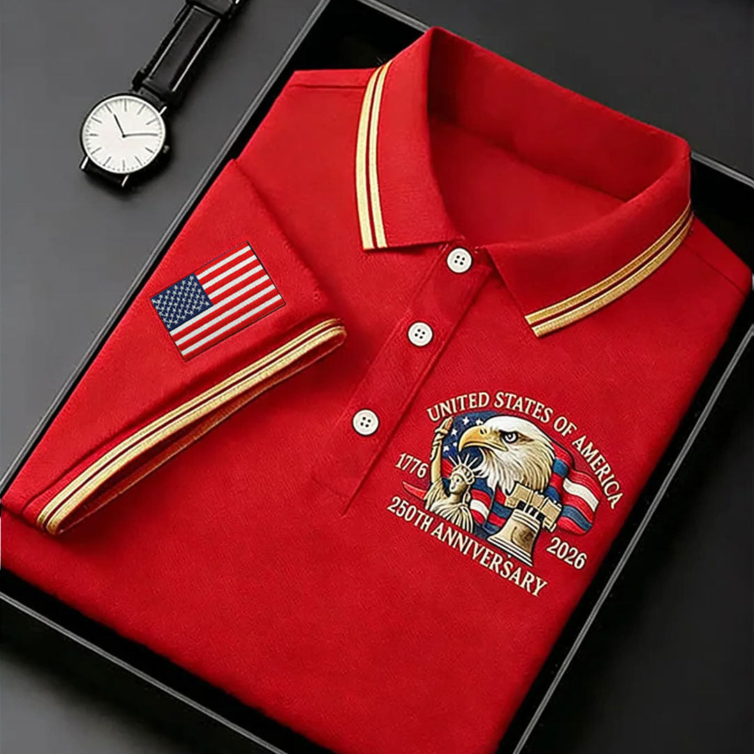 Bald Eagle American Flag 250 Years Red Golf Shirt, Patriotic 4th Of July Golf Shirts For Men