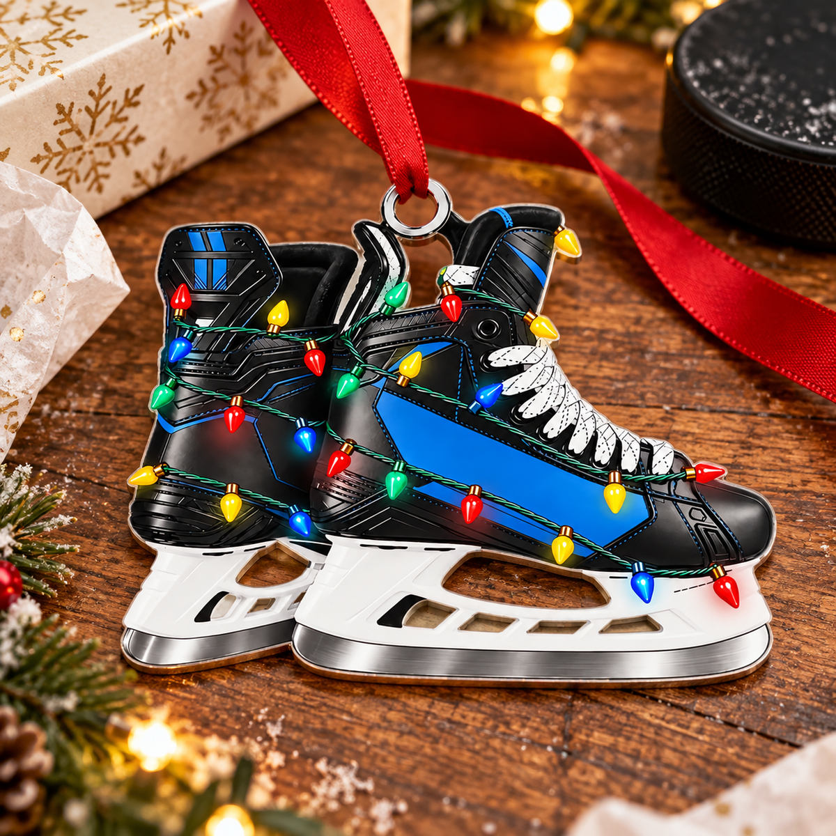 Custom Name Blue Hockey Skates Acrylic Ornament, Christmas Gifts, Hockey Player Gifts