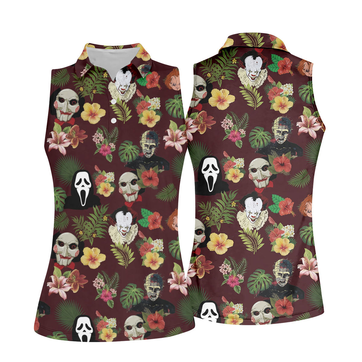 Floral Halloween Horror Character Hawaiian Golf Shirt, Women's Golf Tops, Golf Shirts For Women