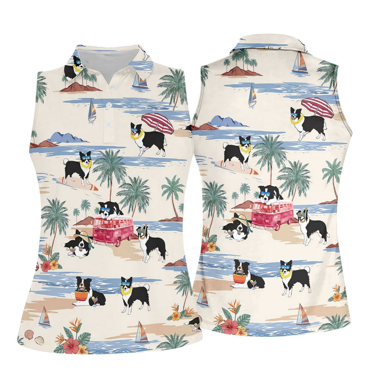 Tropical Border Collie Beach Hawaiian Golf Polo Shirt, Ladies Golf Shirt, Womens Golf Tops