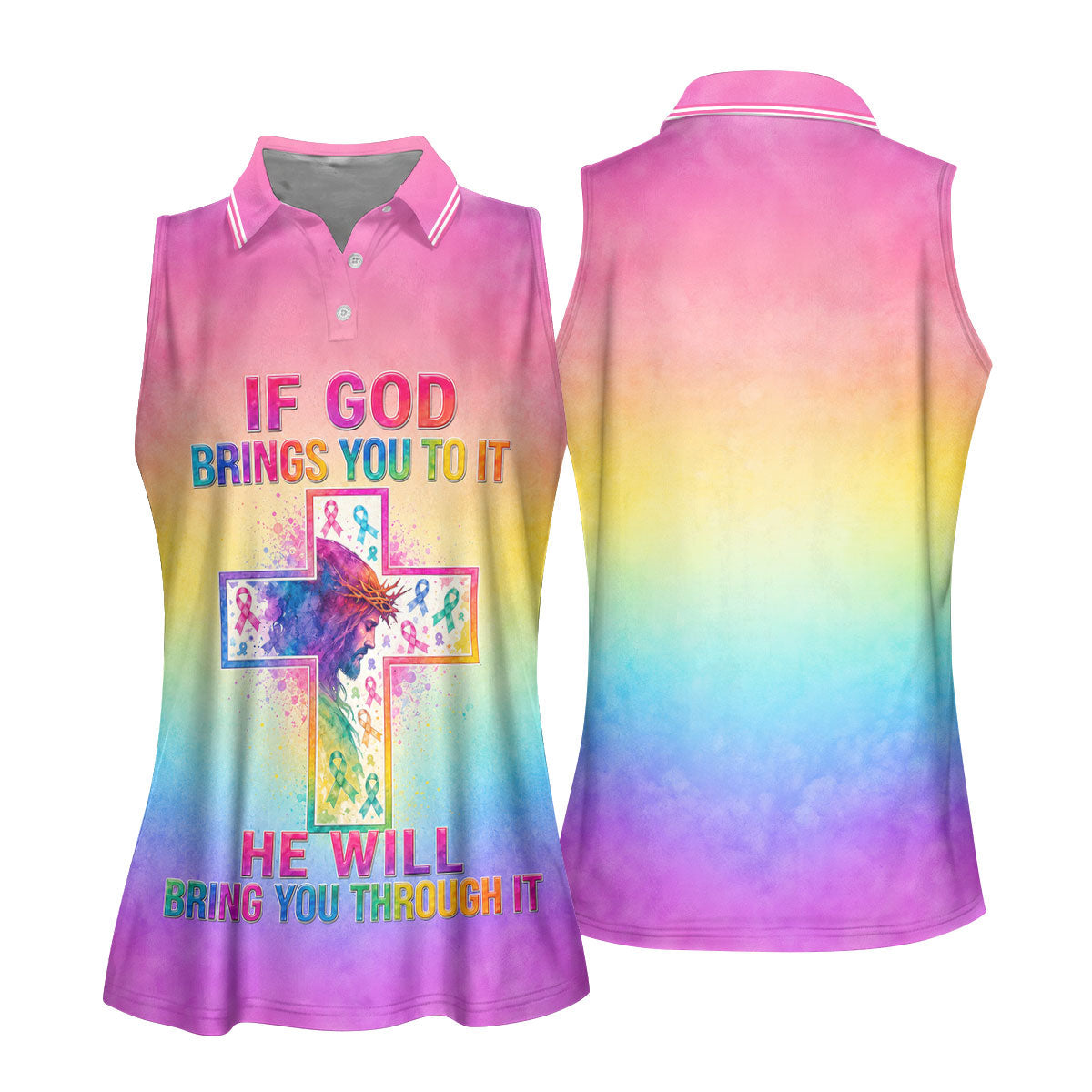 If God Brings You To It Cancer Cross Polo Shirt, Ladies Golf Tops, Printed Golf Shirt