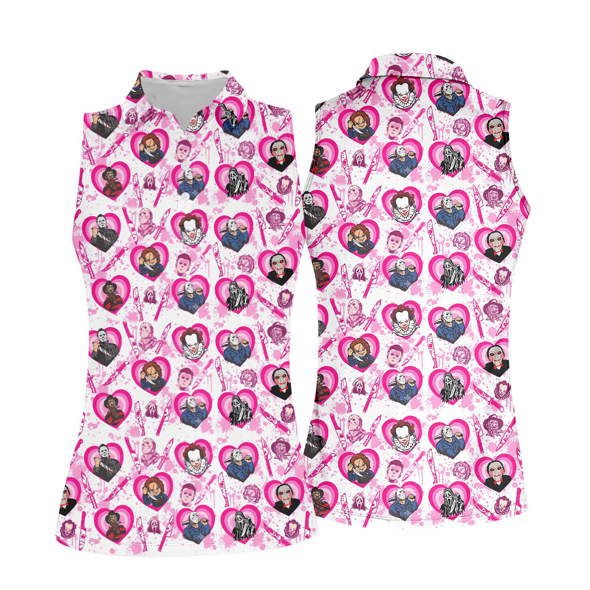 Pink Horror Character Pattern Golf Polo Shirt for Women Halloween Golf Apparel Ladies Golf Shirts