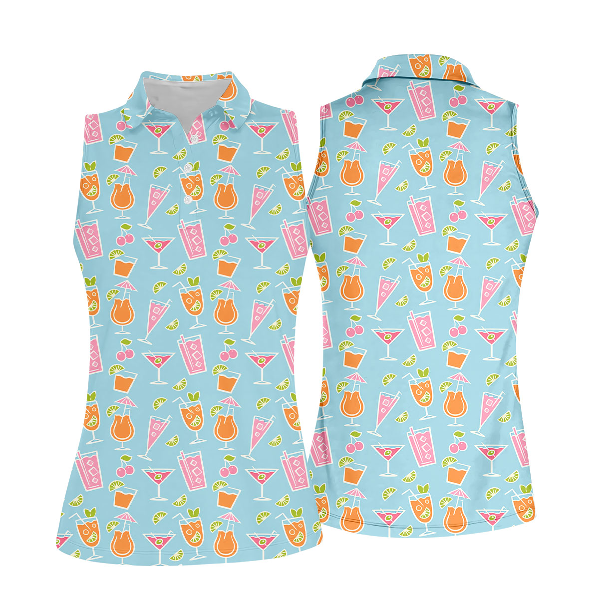 Tropical Cocktail Drinks Pattern Golf Shirt, Women’s Golf Apparel, Golf Tops For Women