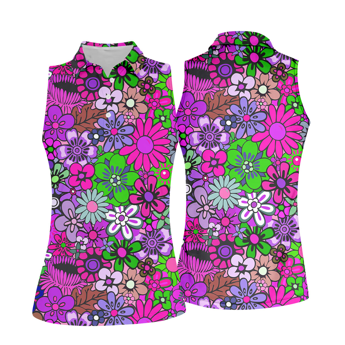 Pink Purple Retro Flower Power Golf Shirt, Women’s Golf Apparel, Hawaiian Golf Shirt, Golf Polo For Women