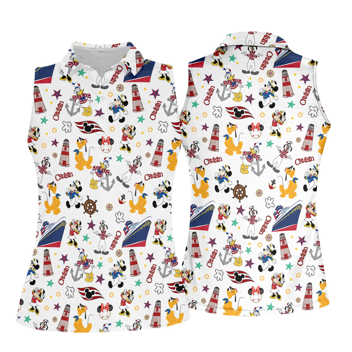 Cartoon Cruise Vacation Pattern Golf Polo Shirt, Golf Shirts For Women, Women’s Golf Polo