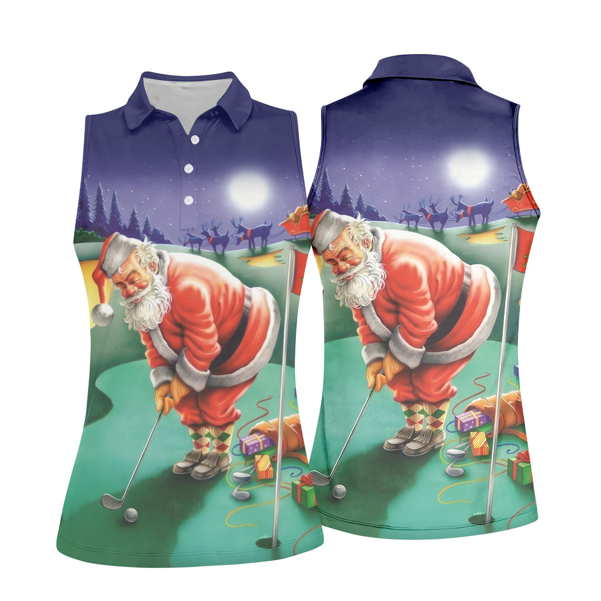 Women's Santa Night Golf Scene Golf Shirt, Christmas Golf Shirt, Women’s Golf Apparel
