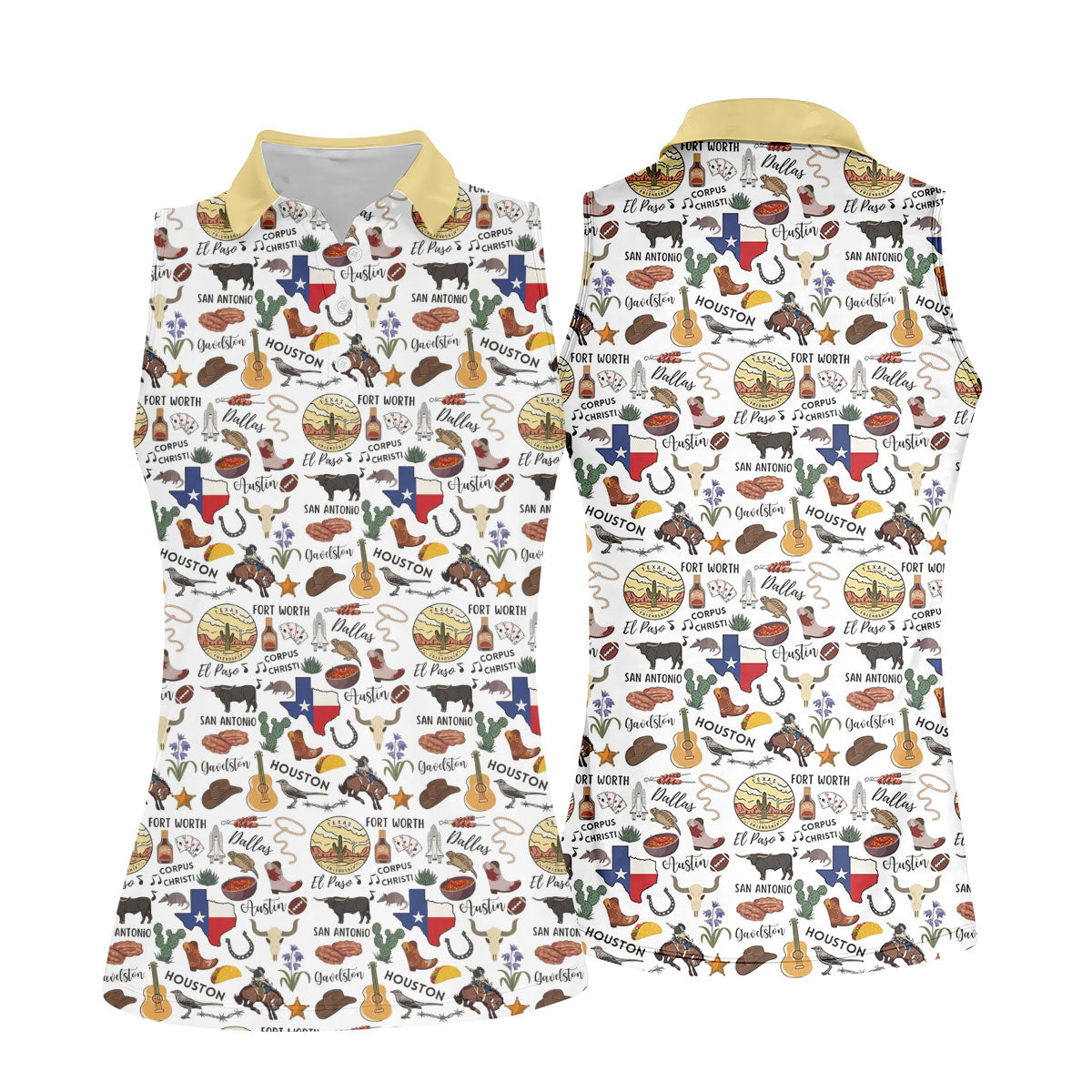 Texas Symbols Western Theme Doodle Style Women Golf Top, Ladies Golf Shirts, Golf Shirt For Women