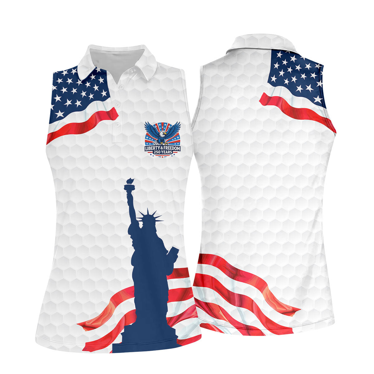 Liberty And Freedom 250 Years Golf Ball Pattern Patriotic Golf Shirt, 4th Of July Golf Shirt For Women