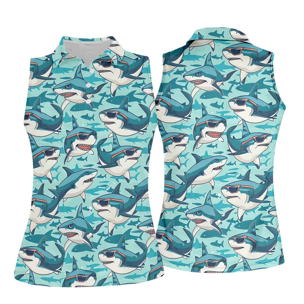 Animated Shark Hawaiian Golf Shirt, Fun Women's Golf Shirts, Ladies Golf Shirts