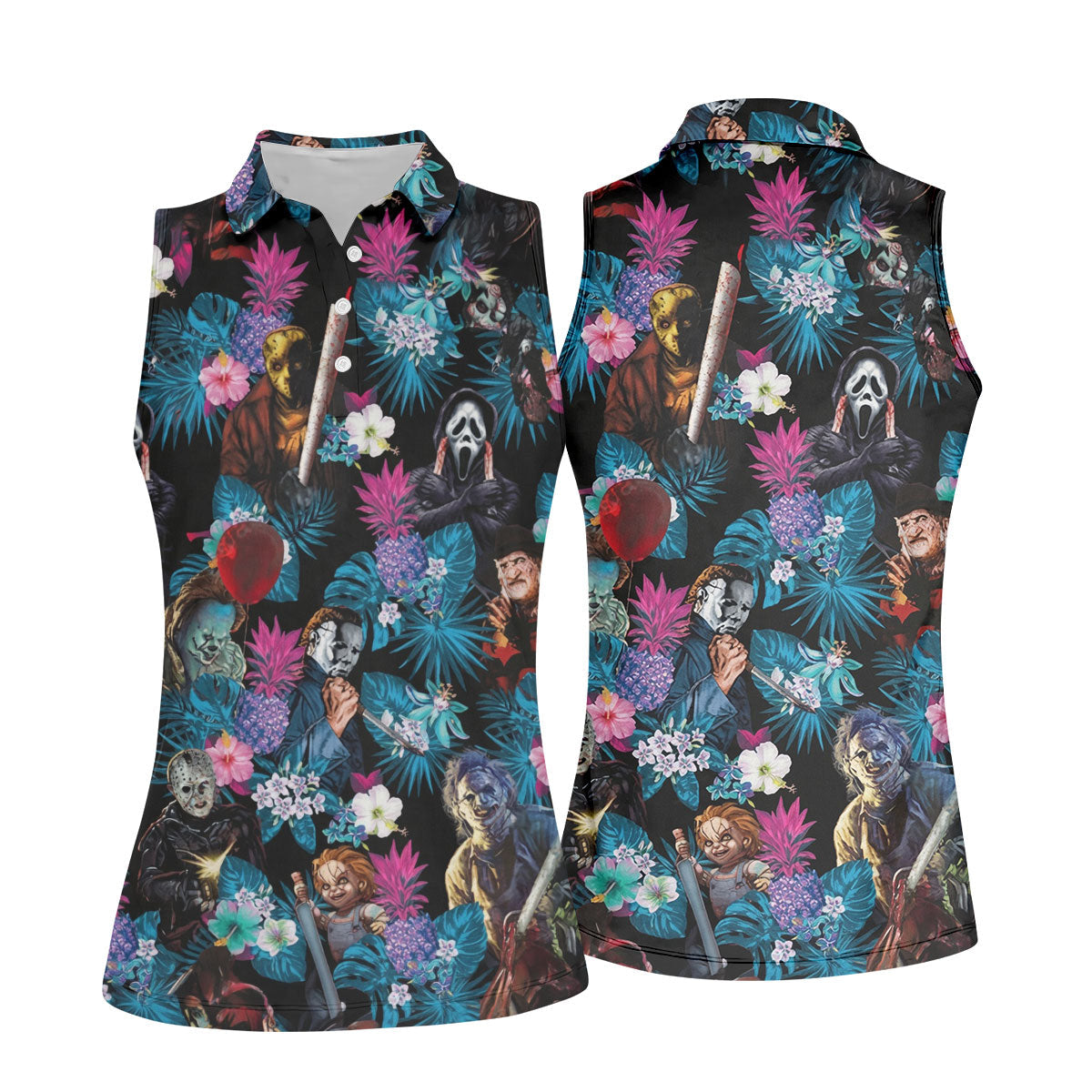 Tropical Horror Movie Villains Halloween Golf Polo Shirt, Golf Shirts For Women, Ladies Golf Tops