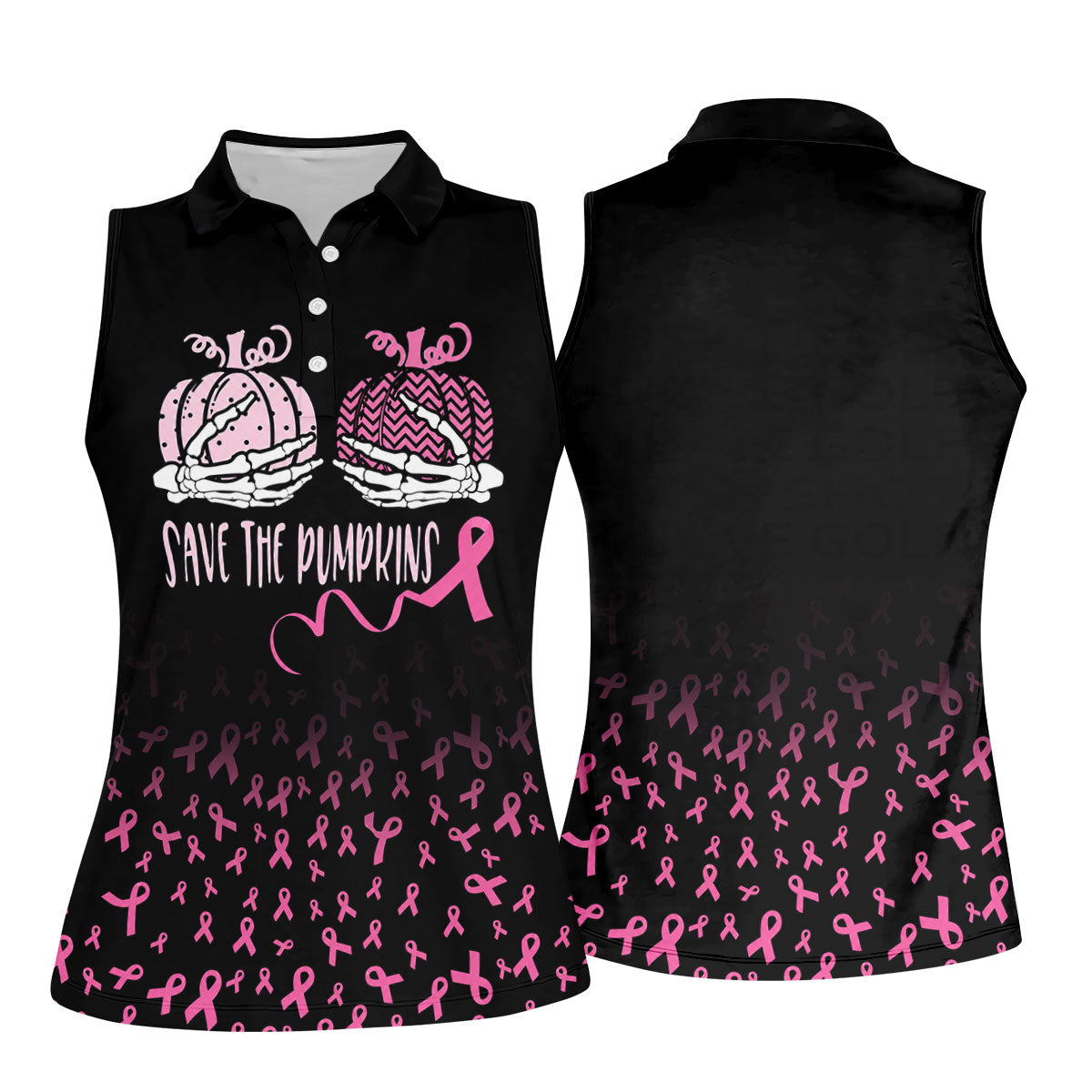 Save The Pumpkins Skeleton Breast Cancer Polo Shirt, Womens Golf Tops, Printed Golf Shirt
