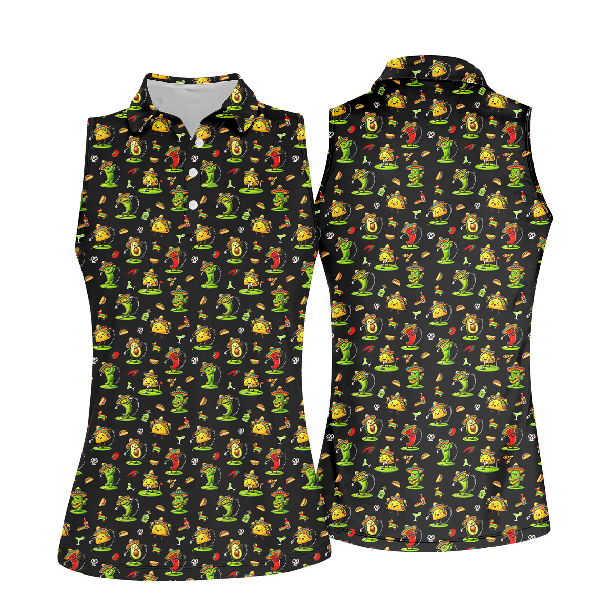Mexican Cartoon Food Characters Cinco De Mayo Celebration Fiesta Themed Black Golf Shirt For Women