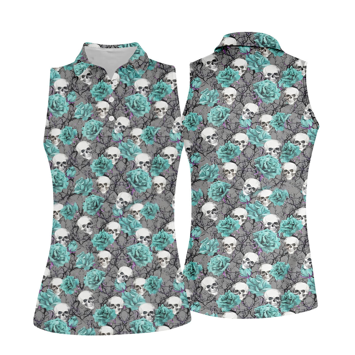 Teal Rose Skull Gothic Pattern Golf Polo Shirt, Ladies Golf Shirt, Golf Polo For Women