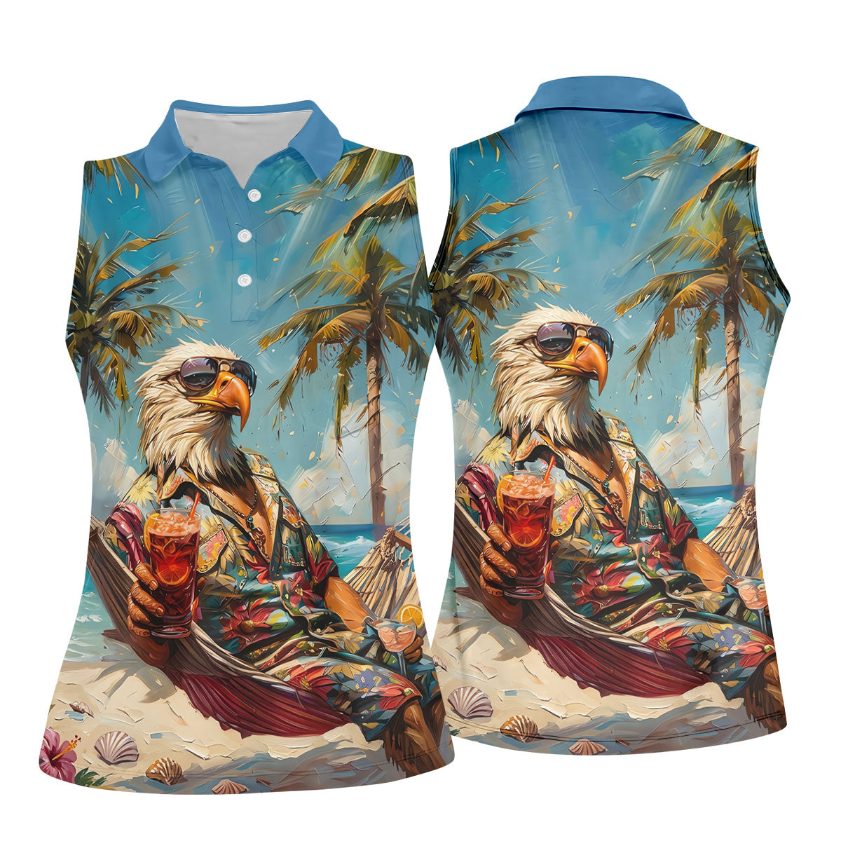 Cool Bald Eagle Tropical Vacation Hawaiian Golf Shirt, Vibrant Color Golf Shirt For Women