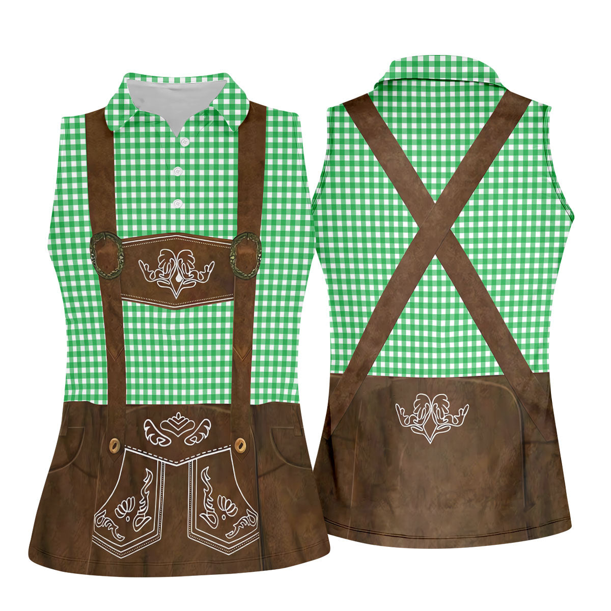 Women's Green Oktoberfest Lederhosen Illusion Sleeveless Golf Polo, Ladies Golf Top, Golf Polo For Women