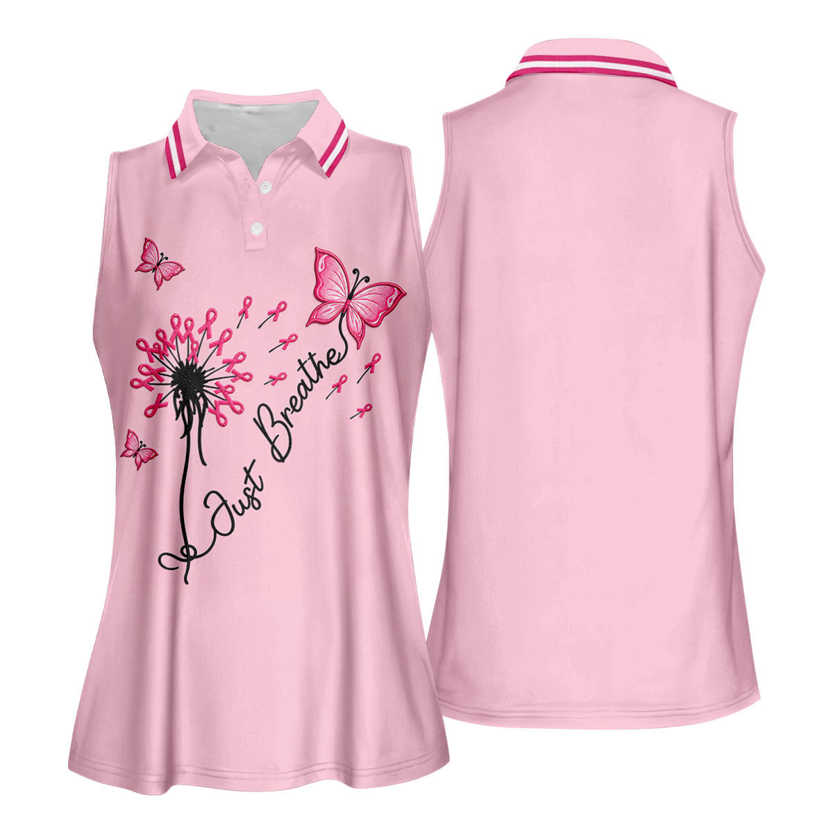 Just Breathe Butterfly Pink Ribbon Breast Cancer Polo Shirt, Golf Polo For Women
