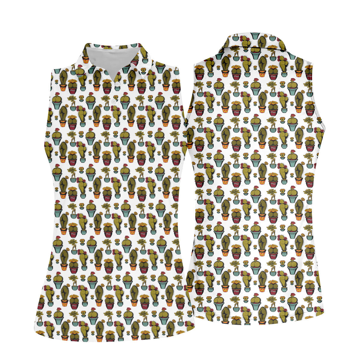 Cute Potted Cactus Pattern Golf Polo Shirt, Ladies Golf Tops, Women's Golf Polo