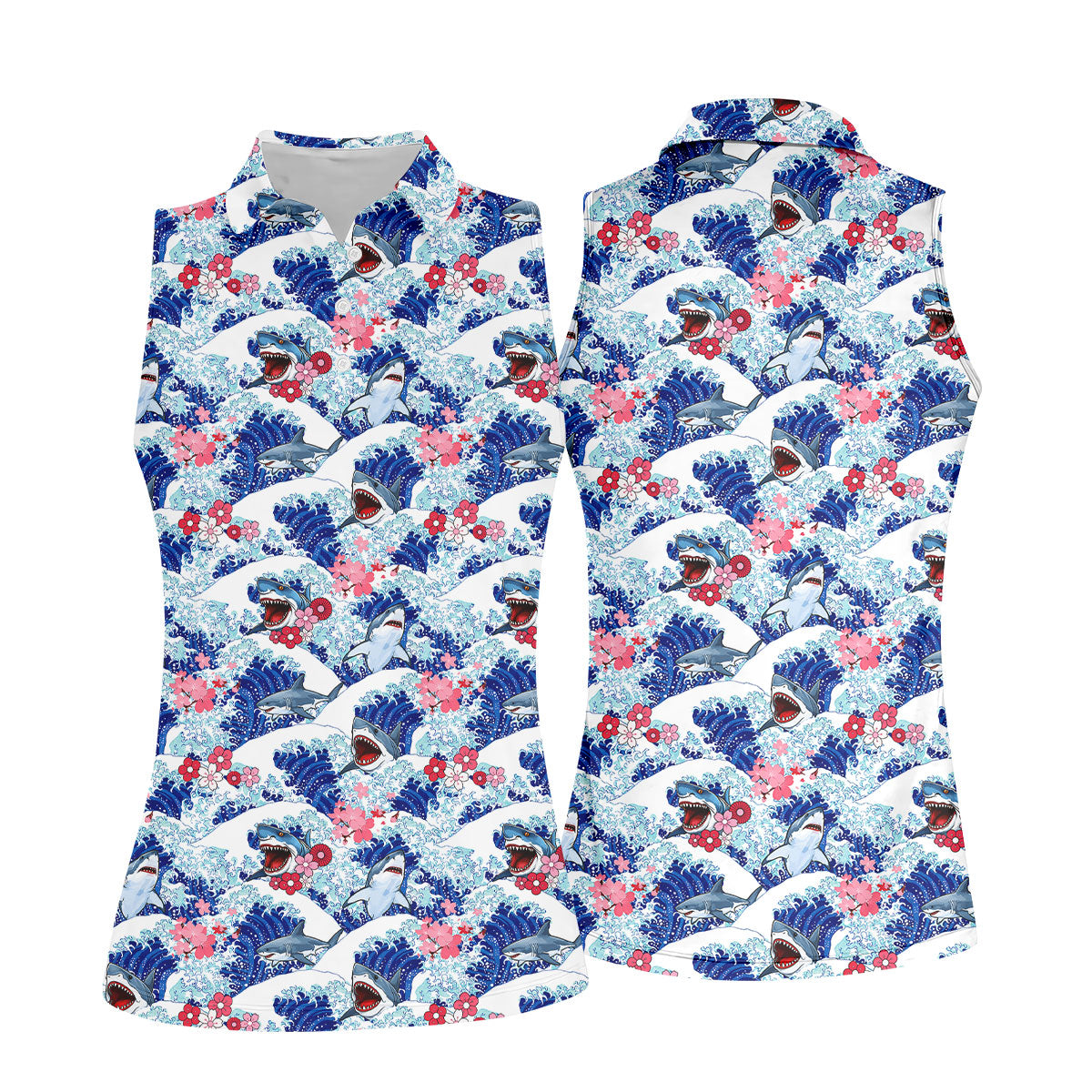Japanese Shark Wave Sakura Golf Shirt, Women's Golf Tops, Golf Shirts For Women, Women’s Golf Apparel