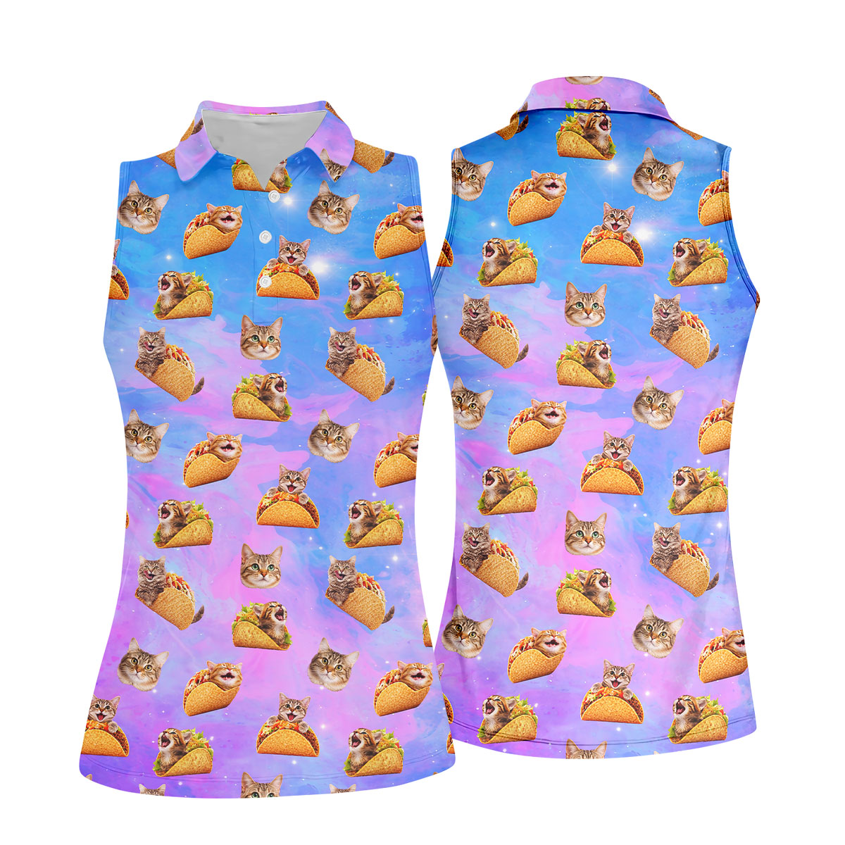 Funny Taco Cat Galaxy Pattern Golf Shirt, Women’s Golf Apparel, Ladies Golf Shirt