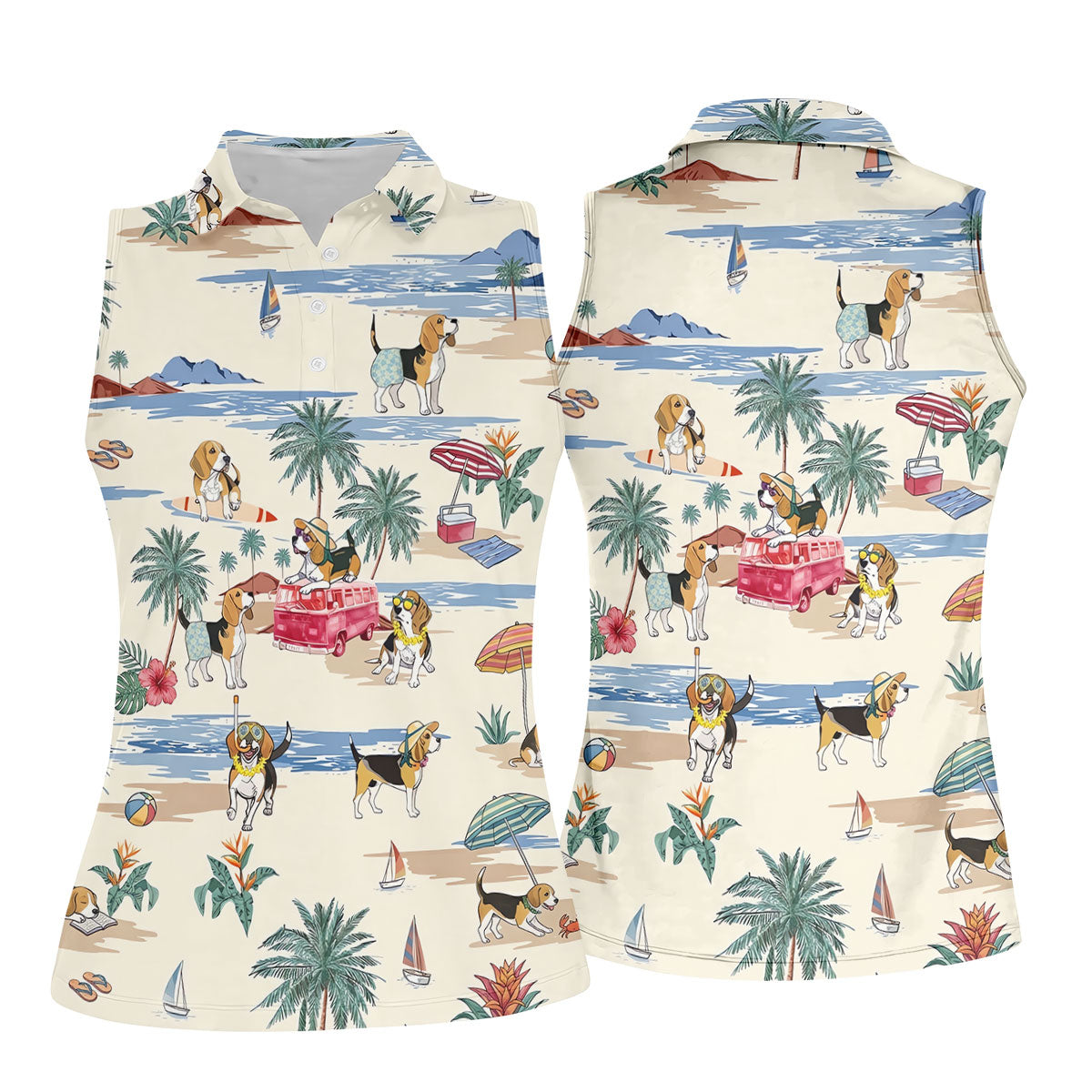 Cute Beagle Beach Vacation Tropical Golf Polo Shirt, Golf Shirts For Women, Women's Golf Apparel