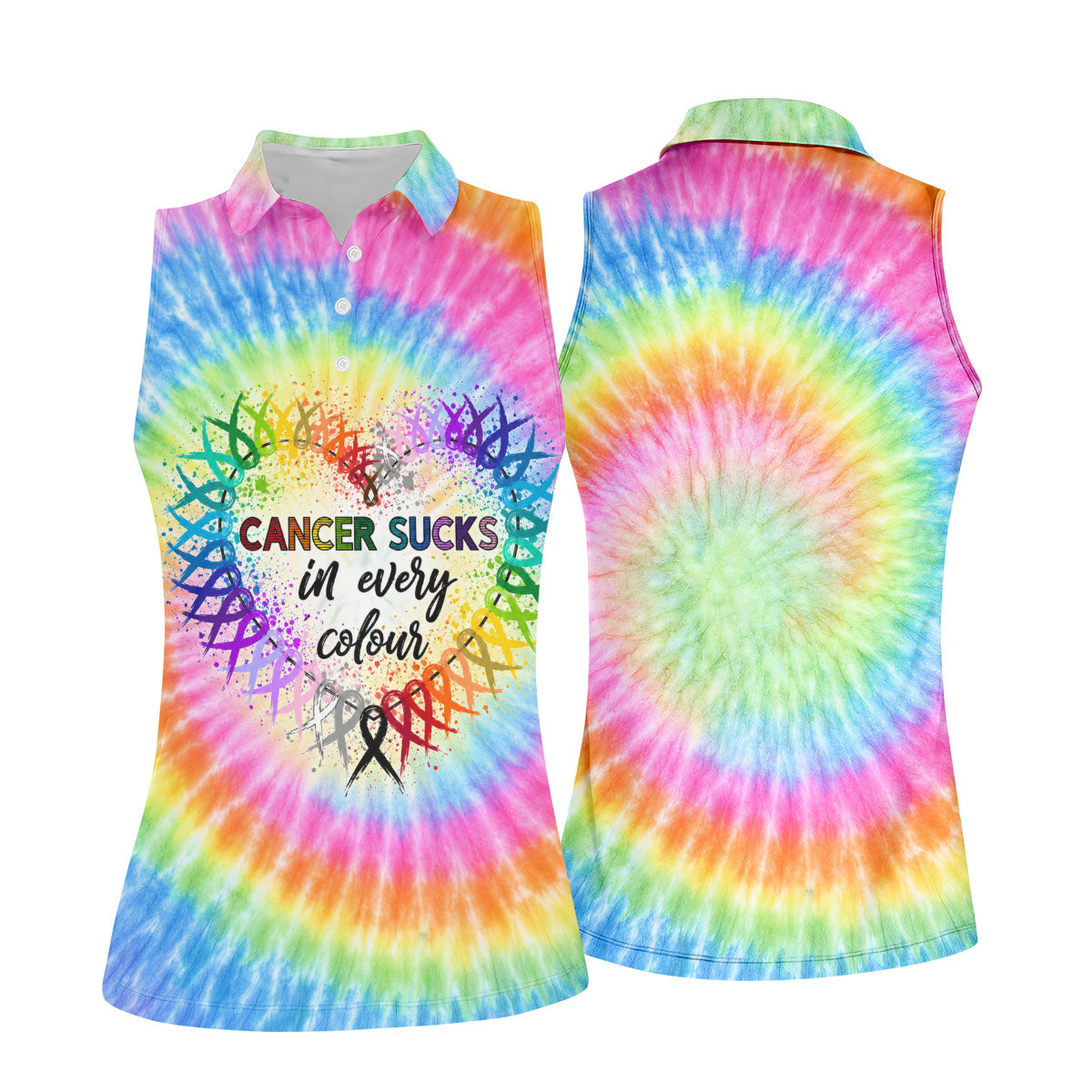 Cancer Sucks In Every Colour Tie Dye Ribbon Polo Shirt, Ladies Golf Tops, Printed Golf Shirt