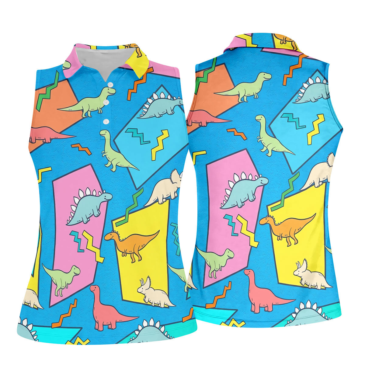 Retro Colorful Dinosaur Pattern Golf Shirt, Women's Golf Tops, Golf Shirts For Women