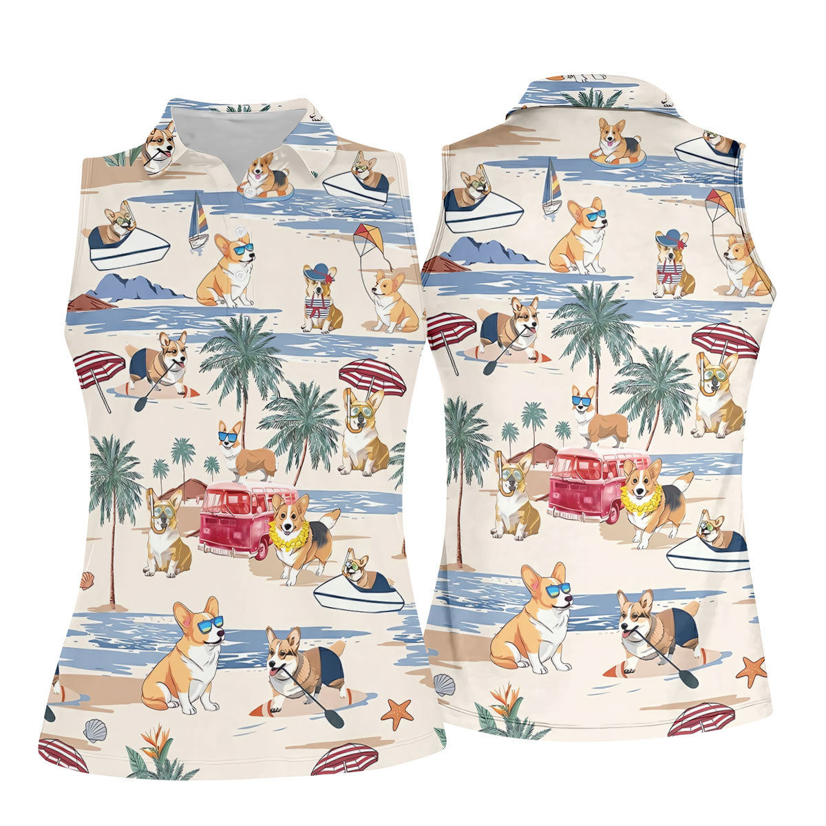 Cute Corgi Beach Vacation Tropical Golf Polo Shirt, Golf Shirts For Women, Women's Golf Apparel