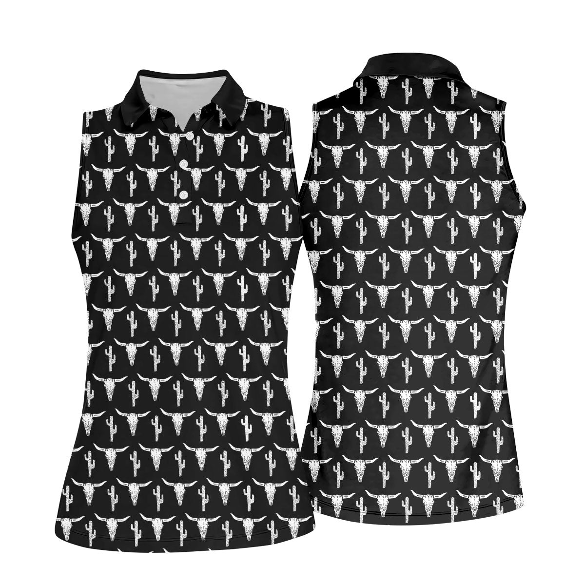 Longhorn Cow Skull Western Theme Black Women Golf Top, Ladies Golf Shirts, Golf Shirt For Women