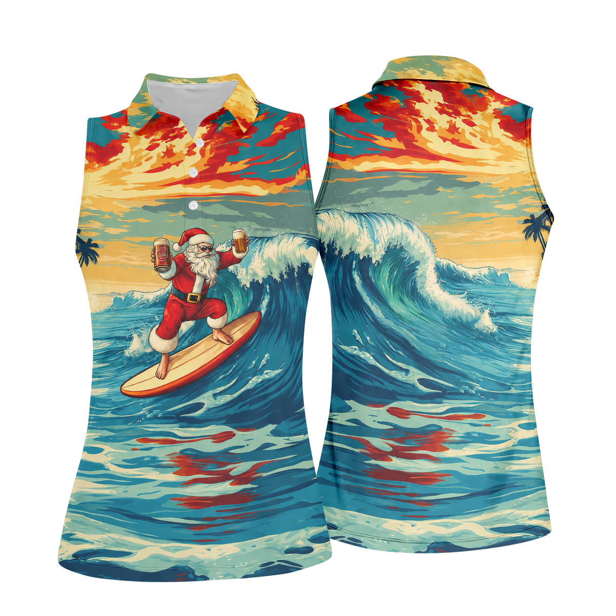 Tropical Surfing Santa Sunset Christmas Golf Shirt, Women's Golf Tops, Hawaiian Golf Shirt