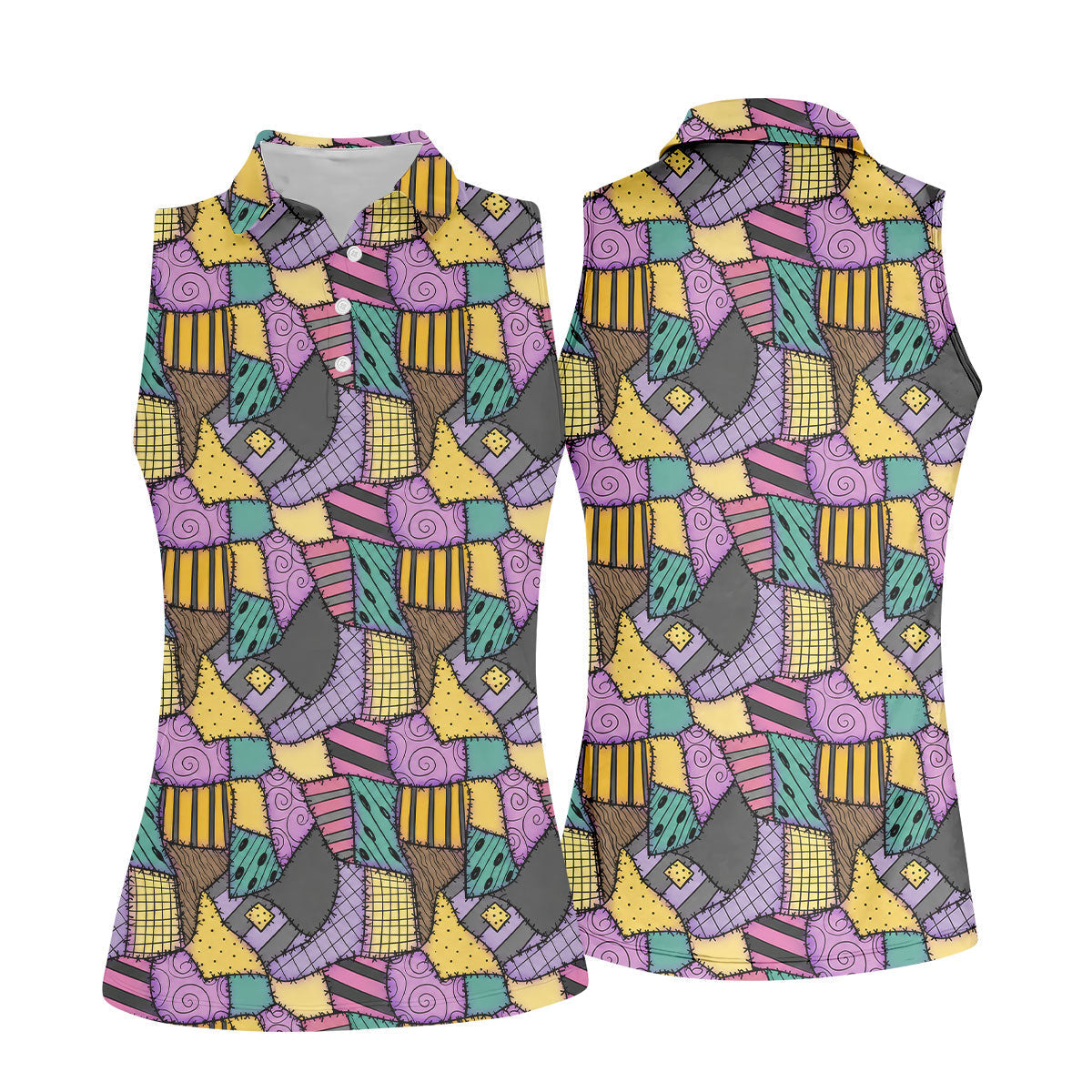 Halloween Patchwork Pattern Golf Polo Shirt, Women's Golf Tops, Golf Polo For Women