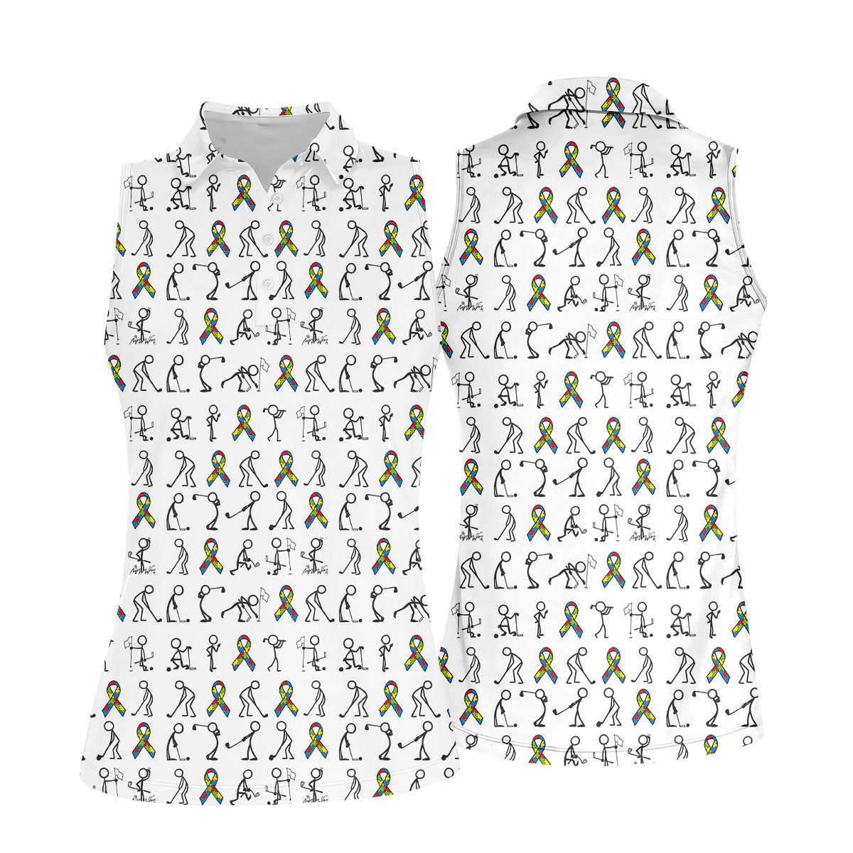 Stick Figure Golf Pose Autism Ribbon White Golf Shirt, Autism Awareness Colors Ladies Golf Polos