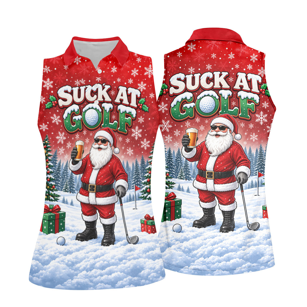 Suck At Golf Santa Beer Christmas Golf Shirt, Ladies Golf Shirts, Golf Tops For Women