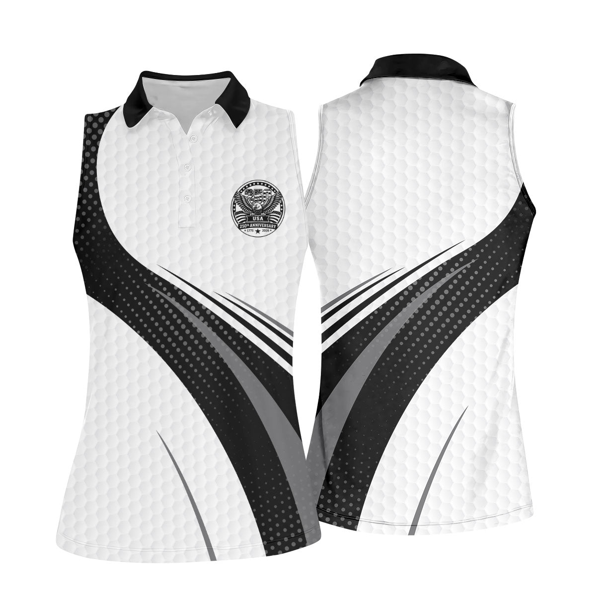 USA 250th Anniversary Black And White Golf Ball Pattern Ladies Golf Tops, Patriotic Golf Shirt For Women