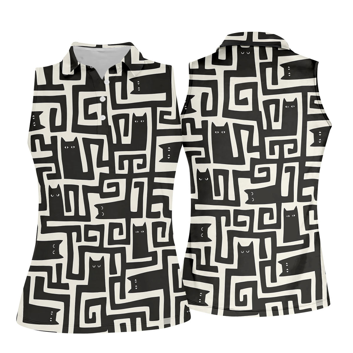 Minimalist Black Cat Maze Pattern Golf Polo Shirt, Women's Golf Tops, Golf Polo For Women